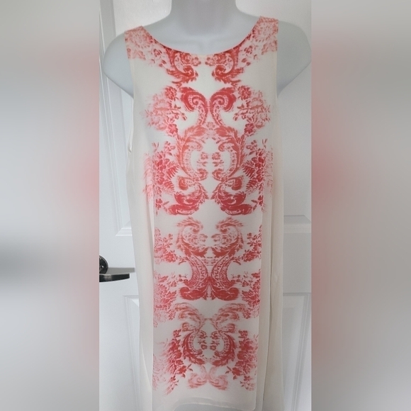MAX STUDIO Mid Length Sheer Abstract Print White & Red Sleeveless Dress Size Med - Picture 4 of 10